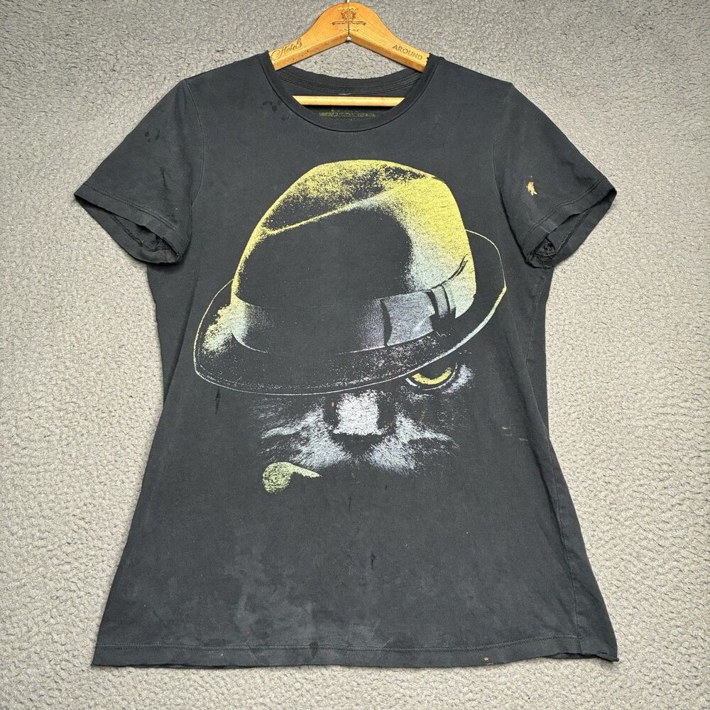 Y2K Cat Graphic T-Shirt Black Fedora Hat Yellow Eyes Crewneck Womens Large - Picture 1 of 14